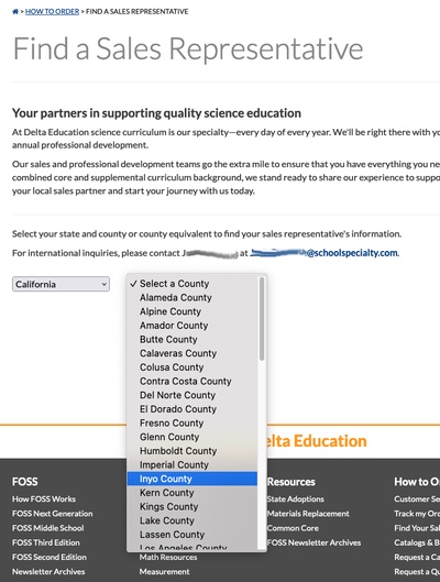 Screenshot of find-a-representative tool on the pre-2023 version of Delta Education's website